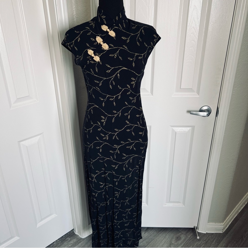 Vintage Sheer Black & Gold Oriental Qipao Chinese Style Dress Size 4